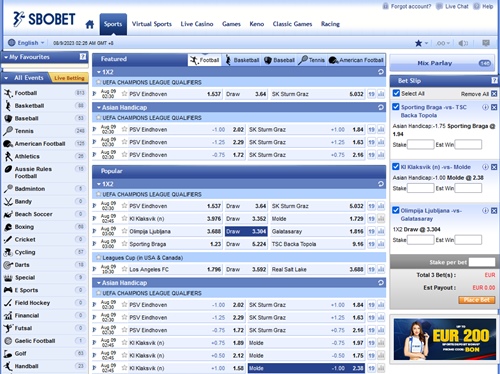 SBOBet-Wettoberfläche auf dem Computer